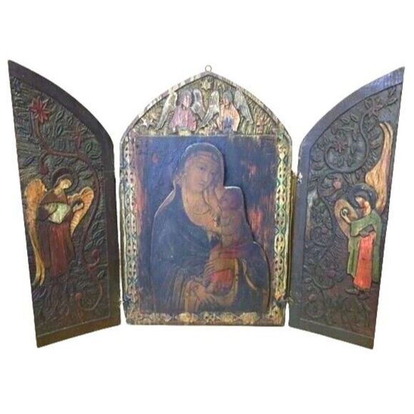 Antique Russian Christian Orthodox Triptych Icon Mother Virgin Madonna Jesus - Picture 1 of 13